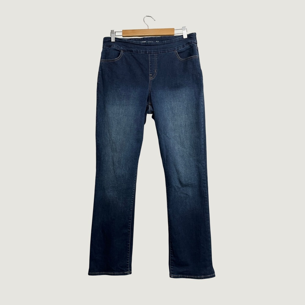 Reitmans The Comfort Straight Leg Pull On Jeans Dark Wash Blue Size 31 Stretch